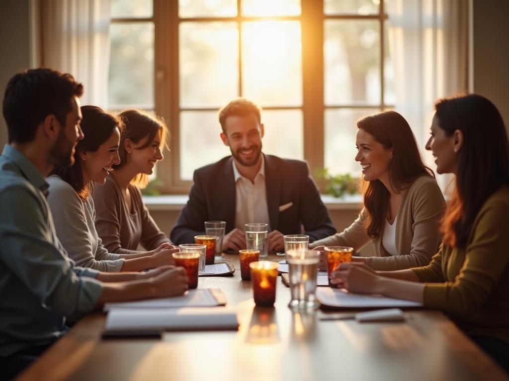 A team of people working together happily around a table, symbolizing trust and mutual support.