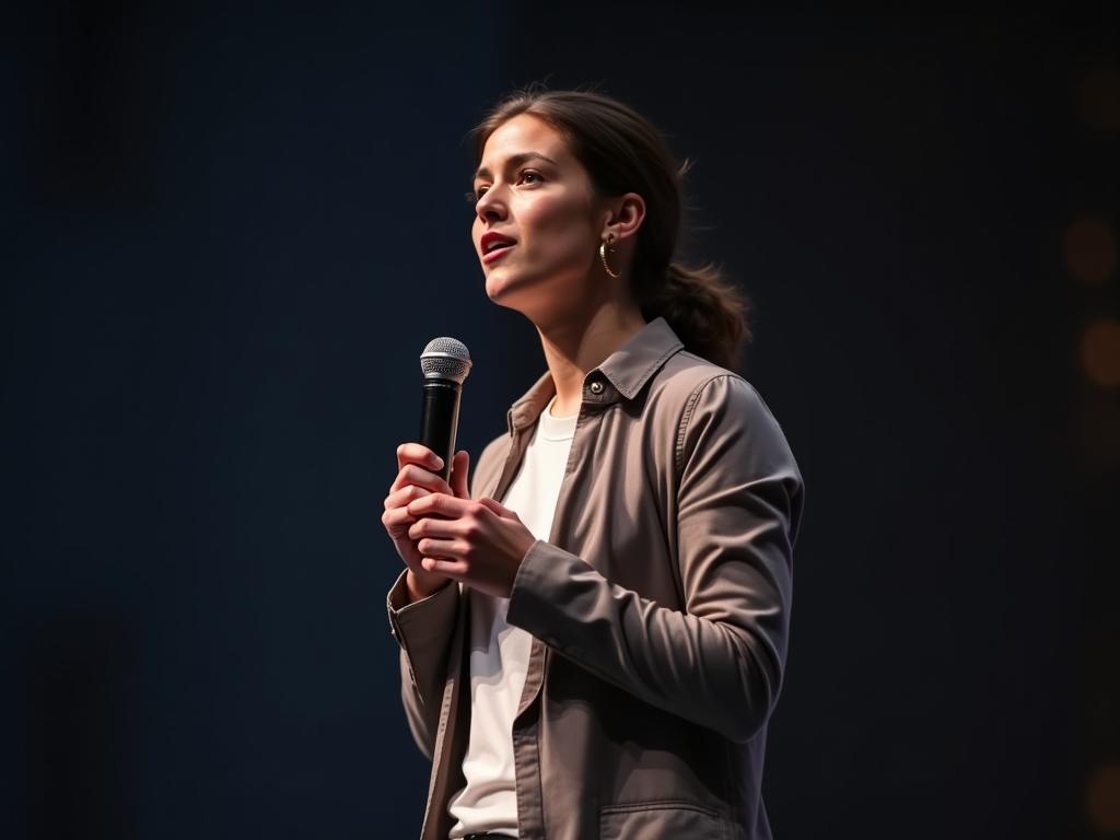 A person standing confidently with a microphone in hand, delivering a presentation or speaking passionately about a cause, symbolizing the act of fundraising and the importance of a positive mindset.
