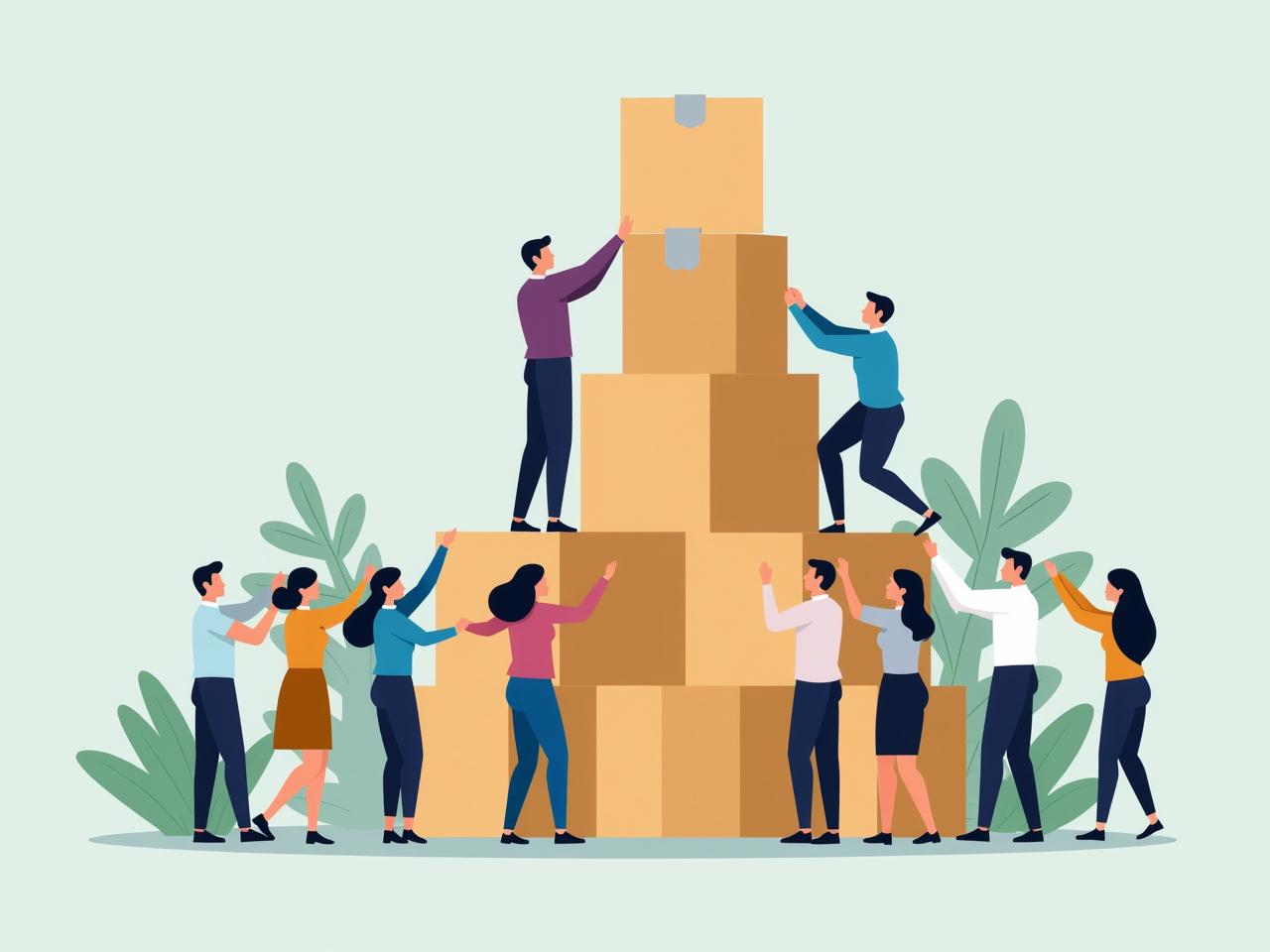 A diverse group of people working together to build a tower of donation boxes, symbolizing the synergistic effect of a cross-strategy in fundraising.