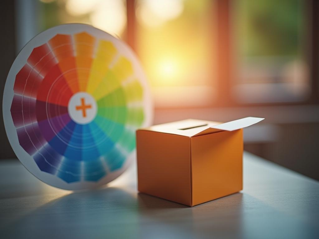 A vibrant image showcasing a color wheel intersecting with a donation box, symbolizing the connection between color psychology and charitable giving. Soft lighting and a shallow depth of field emphasize the intersection point.