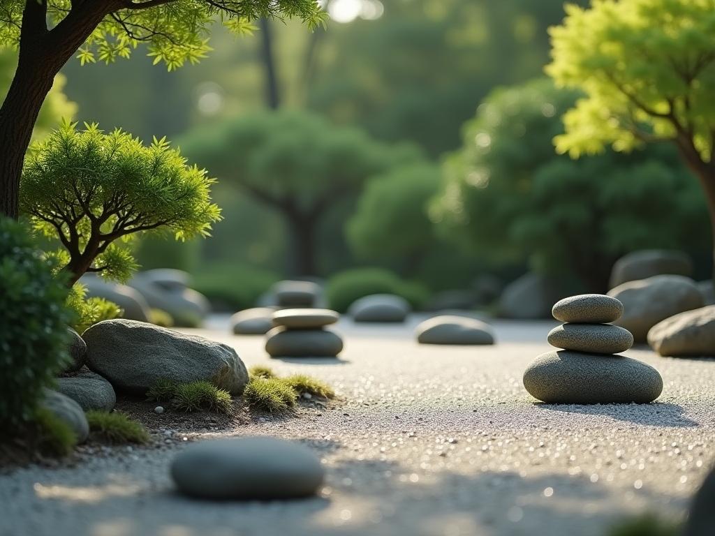 A minimalist Japanese garden with carefully placed stones and plants, symbolizing the principles of simplicity and harmony in marketing.