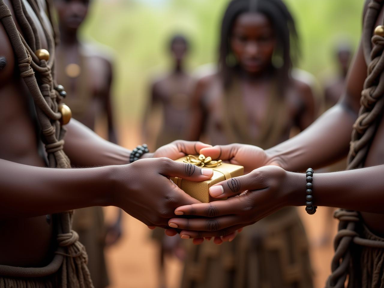 A person giving a gift to another person in a tribal setting, symbolizing the connection between anthropological insights and fundraising strategies.