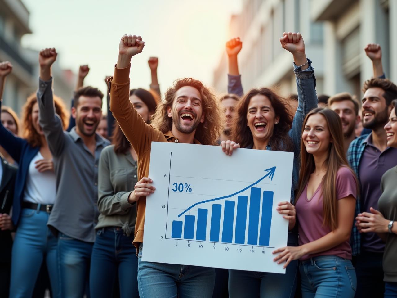 A team of fundraisers celebrating a successful campaign with a graph showing a 30% increase in donations.