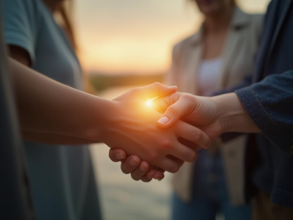 A group of people connecting, symbolizing authentic relationships with donors. The background has a blurred image of a giving hand, representing generosity and philanthropy. The image embodies the values of the VIP strategy discussed in the article, creating a sense of authentic uniqueness.