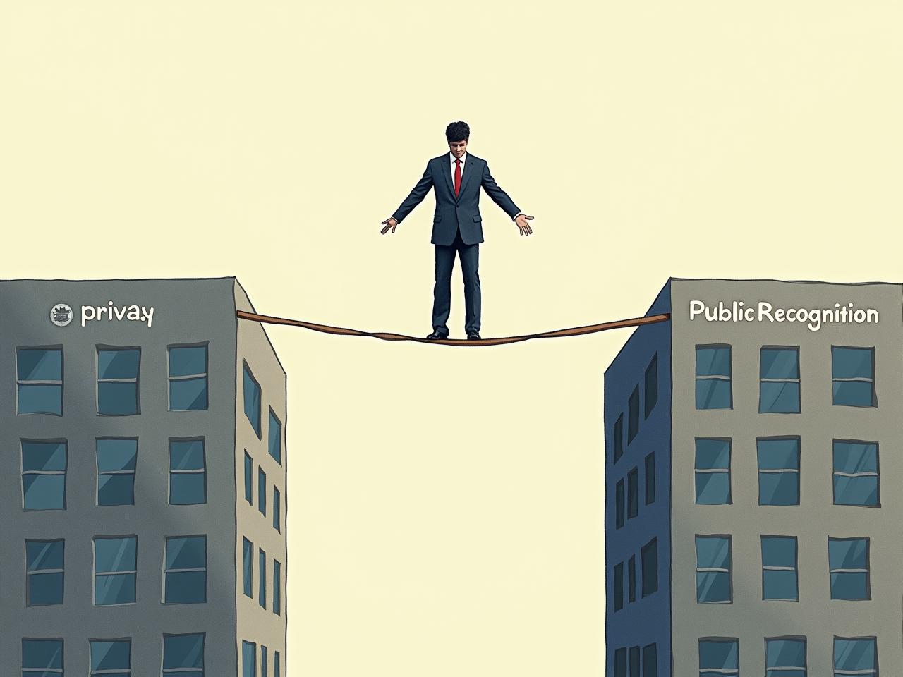 A person balancing on a tightrope between two buildings, one labeled Privacy and the other Public Recognition, with a safety net below.