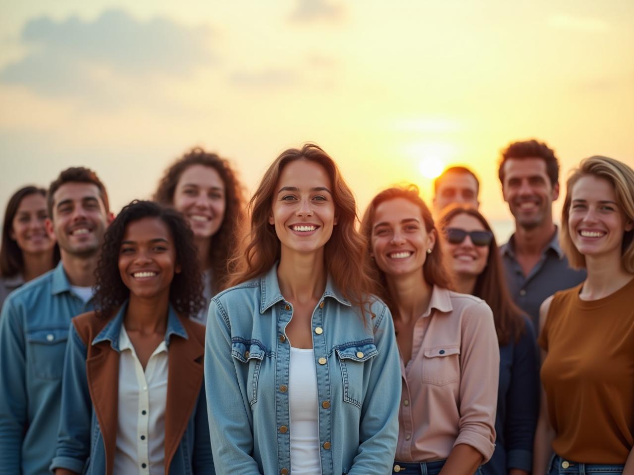 A group of diverse people standing together, supporting each other, symbolizing the power of peer influence in fundraising.
