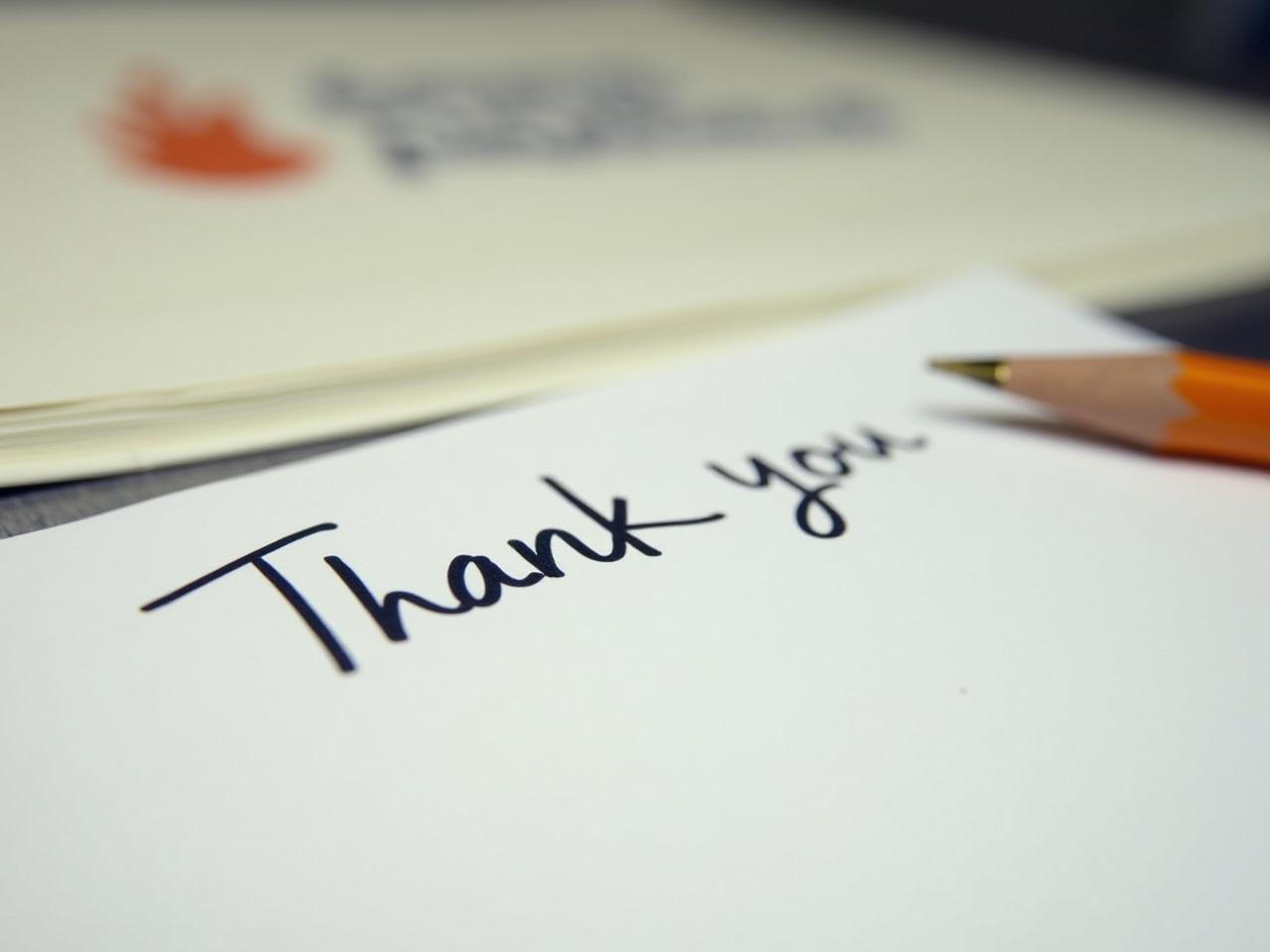 A close-up of a handwritten thank you note with a blurred background of a charitable organizations logo.