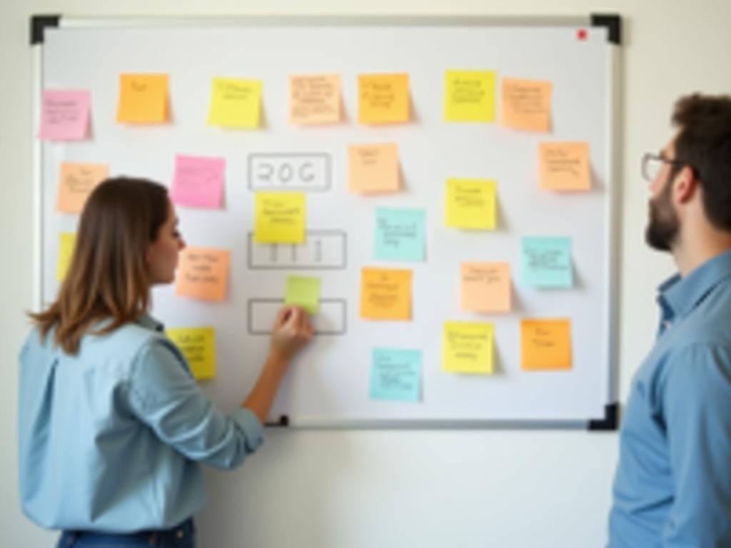 A person working on a strategy plan with colorful sticky notes on a whiteboard, symbolizing the development of a long-term strategy for small organizations.