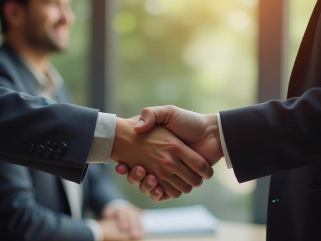 A person shaking hands with a potential donor during a fundraising meeting.