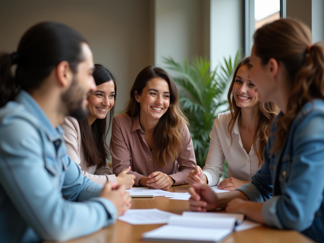 A team of fundraising professionals smiling and collaborating around a table, symbolizing a supportive and thriving work environment.