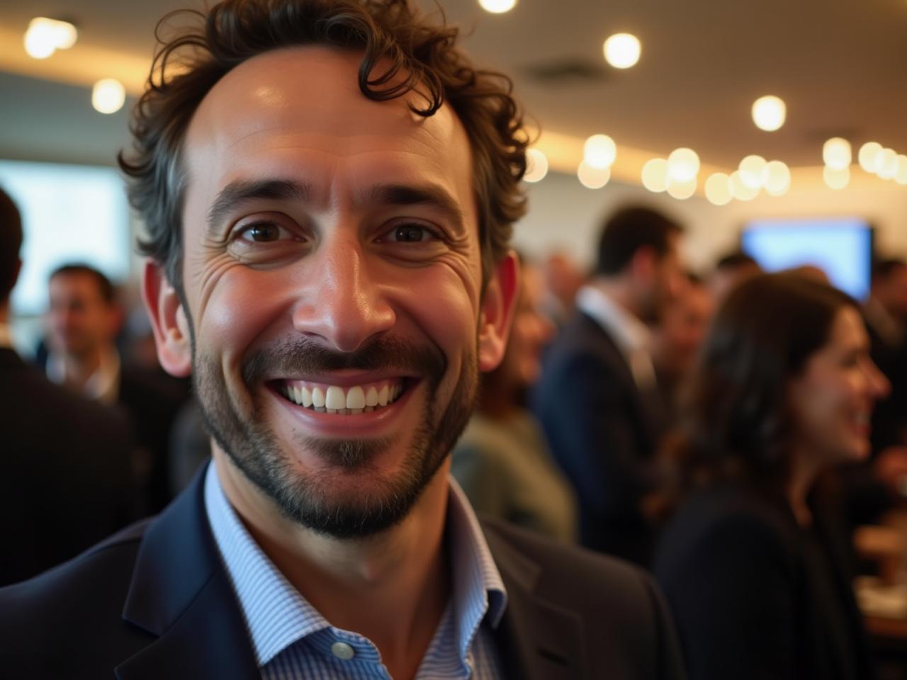 A photo of Noam Aviri smiling warmly, with a blurred background of a fundraising event.