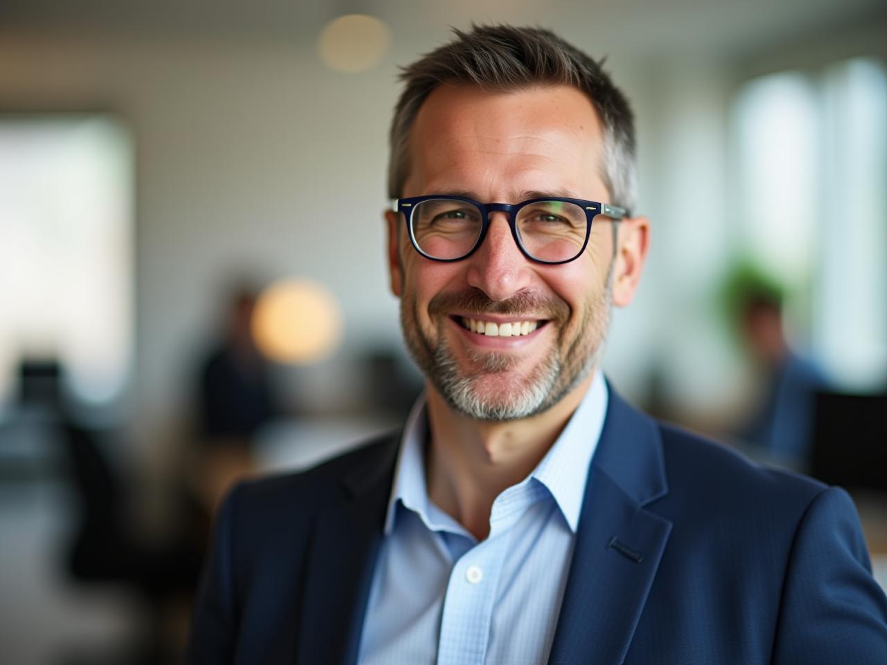 A photo of Noam Aviry, a fundraising expert, smiling warmly and looking directly at the camera. The background is blurred, suggesting a busy office environment.