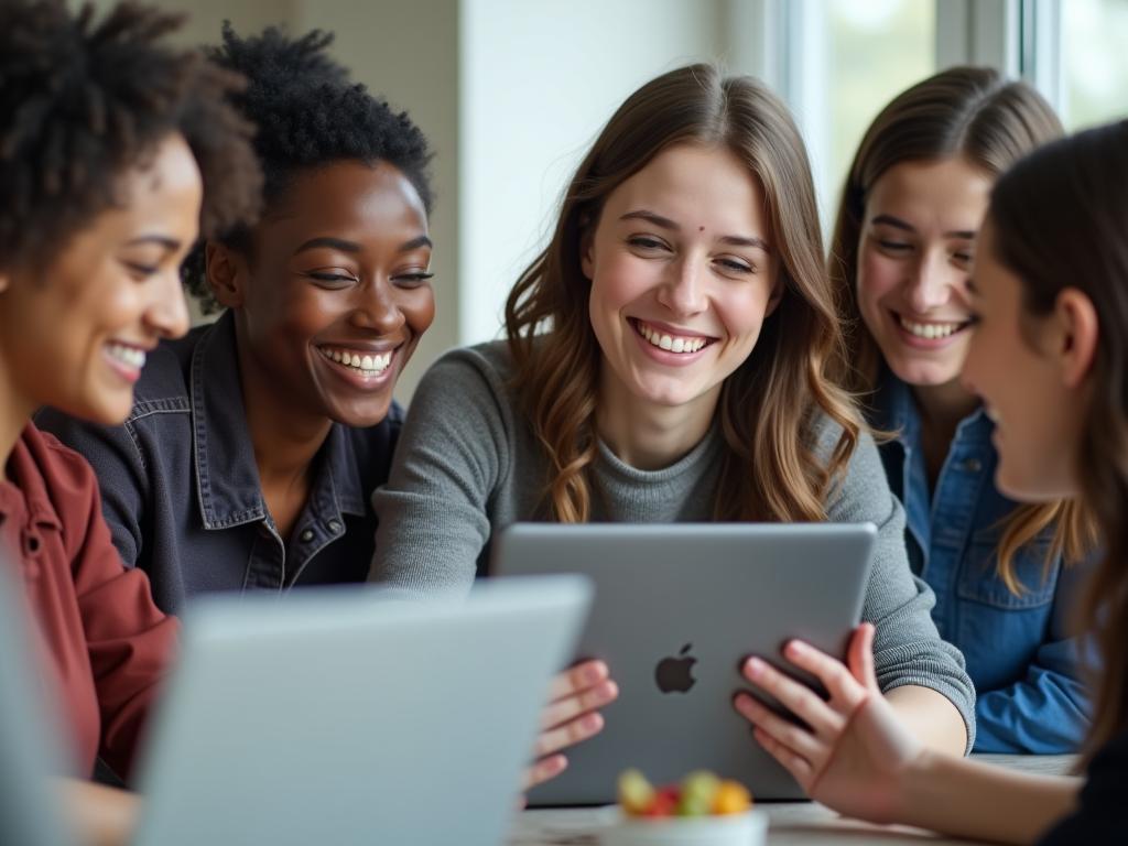 Image of a diverse group of people smiling and working together on laptops and tablets, symbolizing teamwork and digital engagement in the non-profit sector. The image should convey a sense of collaboration and positive impact.