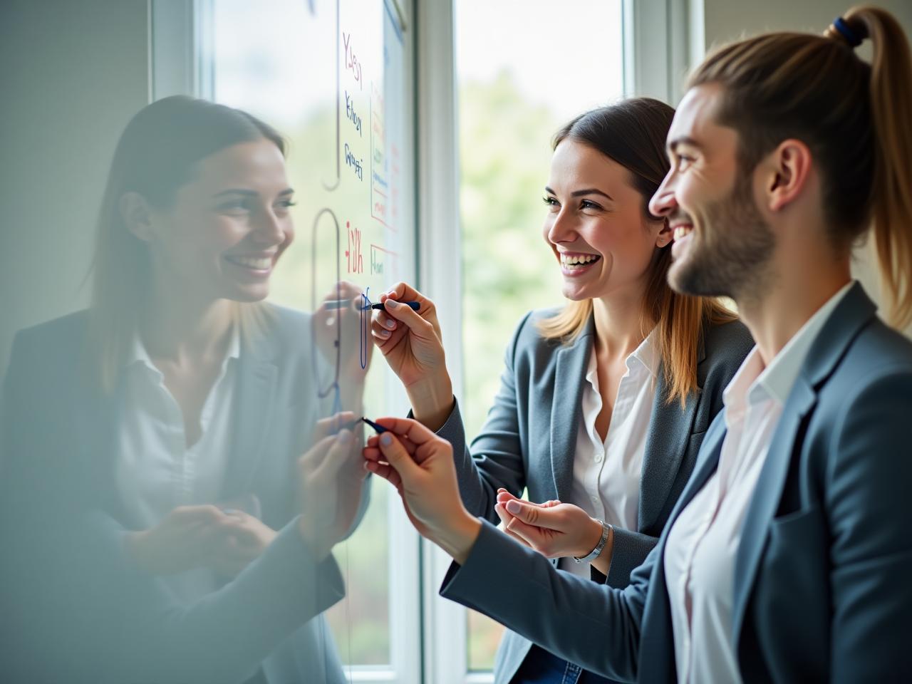 Team members brainstorming together on a whiteboard, smiling and engaged.