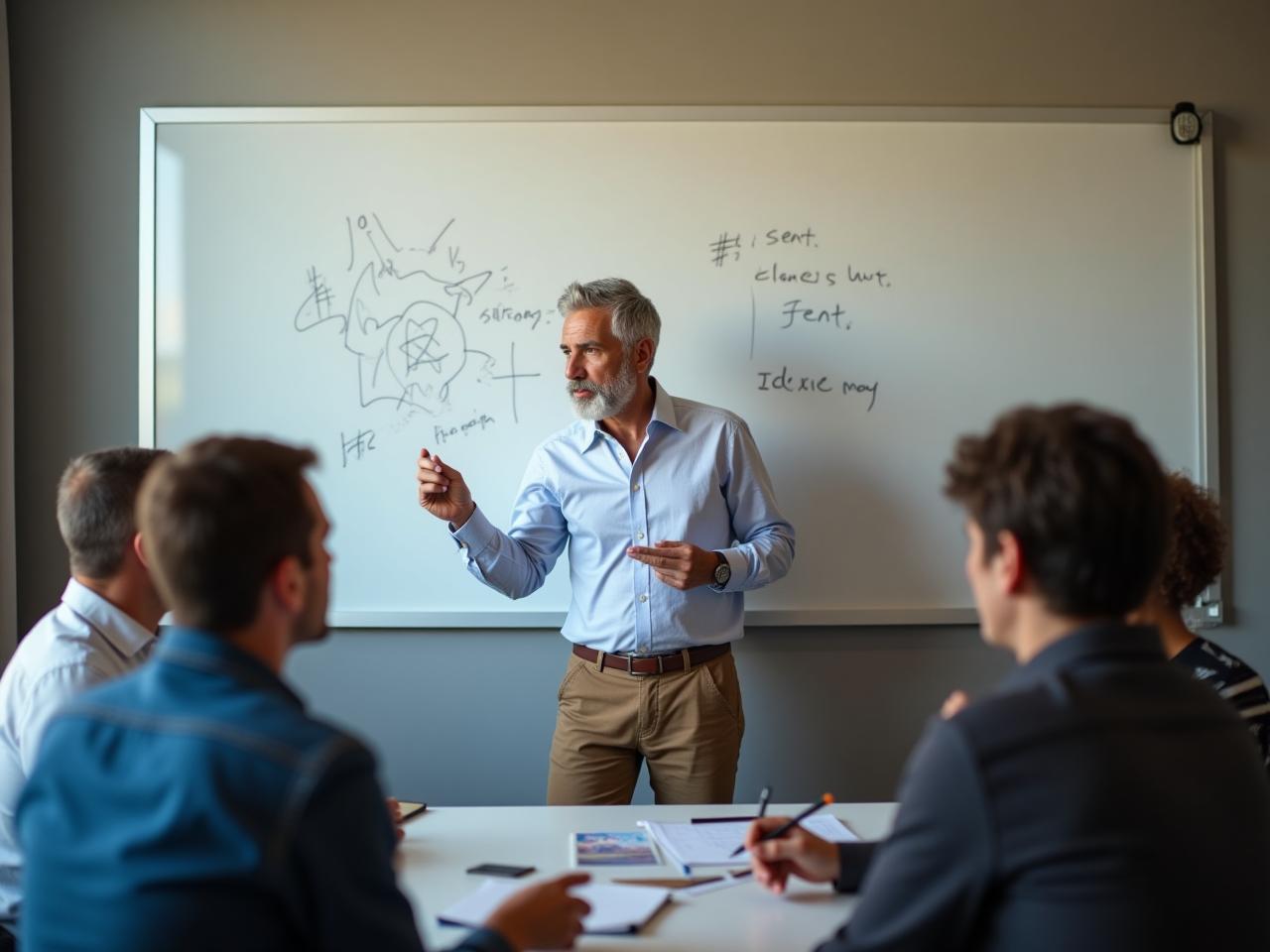A team of people collaborating on a fundraising strategy, with one person leading a discussion around a whiteboard.
