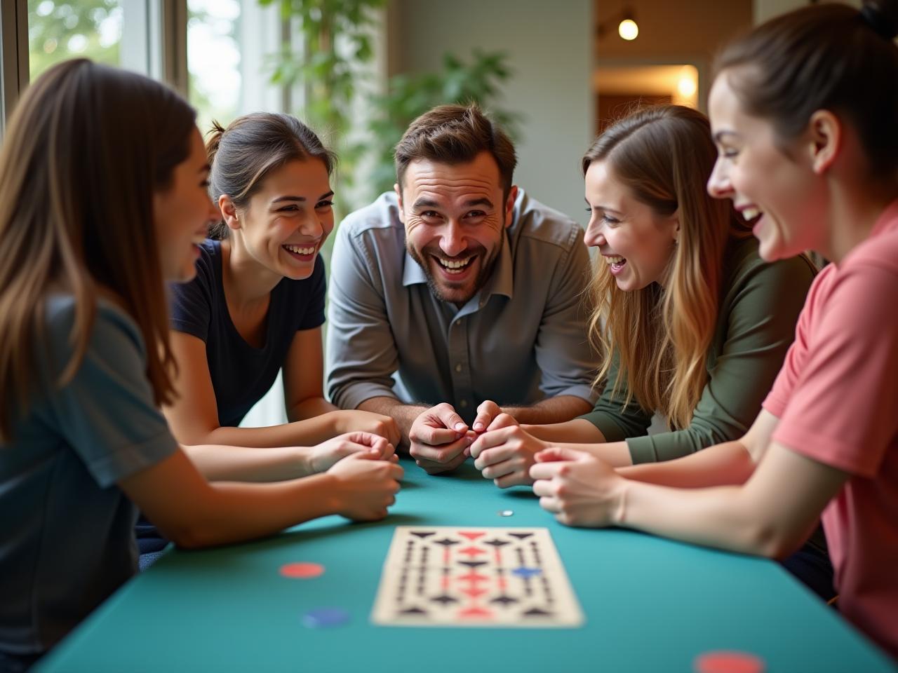A group of people playing a game together, representing the concept of gamification in fundraising. The image should convey excitement, collaboration, and the joy of giving back.