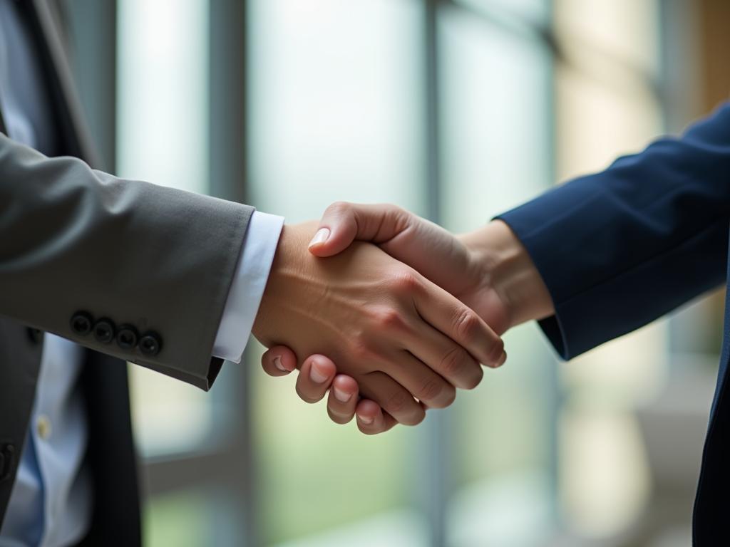 A close-up shot of two hands shaking, symbolizing a partnership between a non-profit organization and a donor, with a blurred background of a modern office setting.