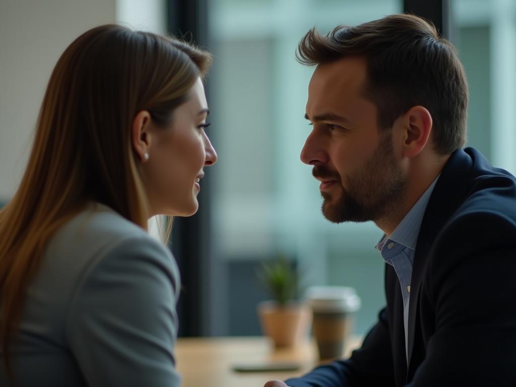 A close-up of two people engaged in a deep conversation, with a blurred background suggesting a professional meeting setting. The focus is on their expressions, conveying empathy and active listening.