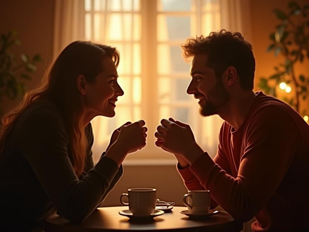 A warm and inviting image of two people in a deep and meaningful conversation, perhaps over coffee in a cozy setting. The focus is on their connection and the feeling of trust and understanding.