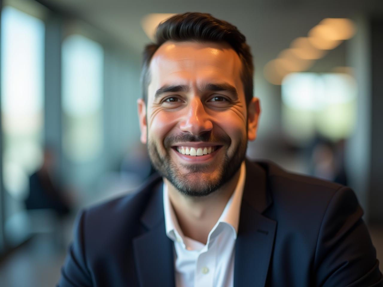 A photo of Noam Aviri, smiling warmly, in a professional setting. The background is blurred, suggesting a busy office or conference environment.