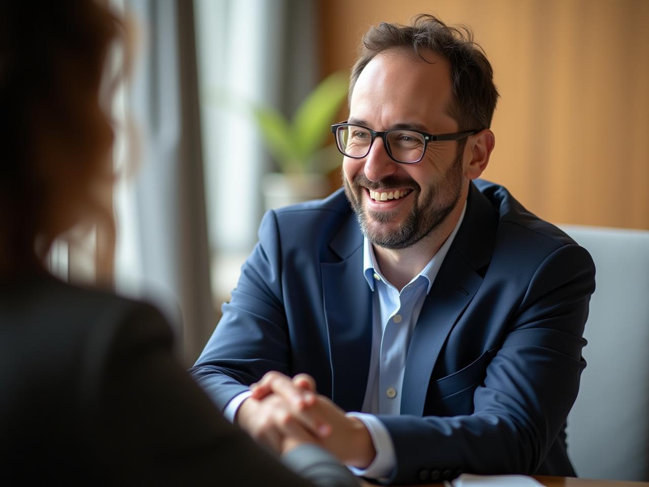 A photo of Noam Aviry, a fundraising expert, smiling warmly and shaking hands with a donor.