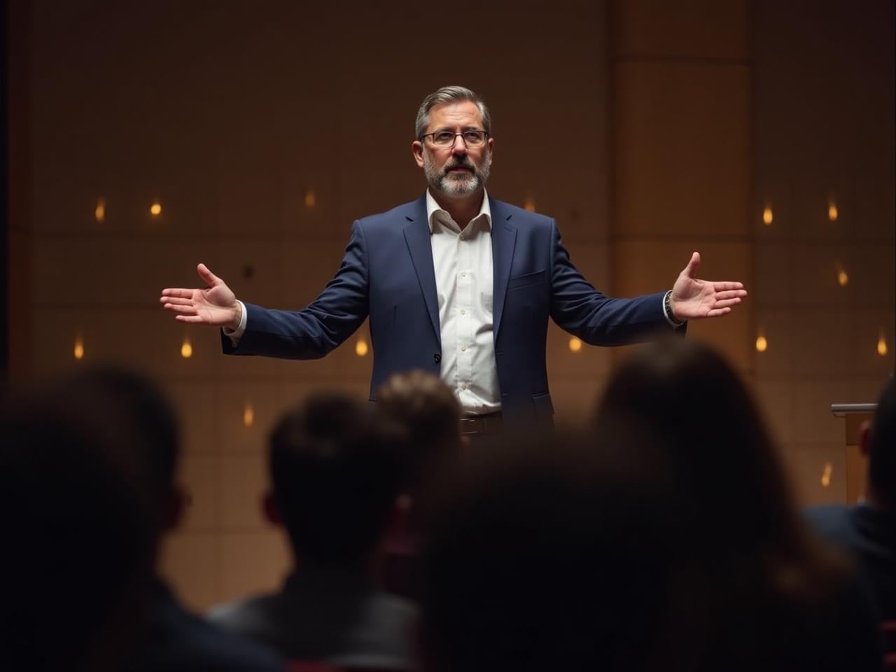 A person standing confidently in front of an audience, overcoming their fear of public speaking.