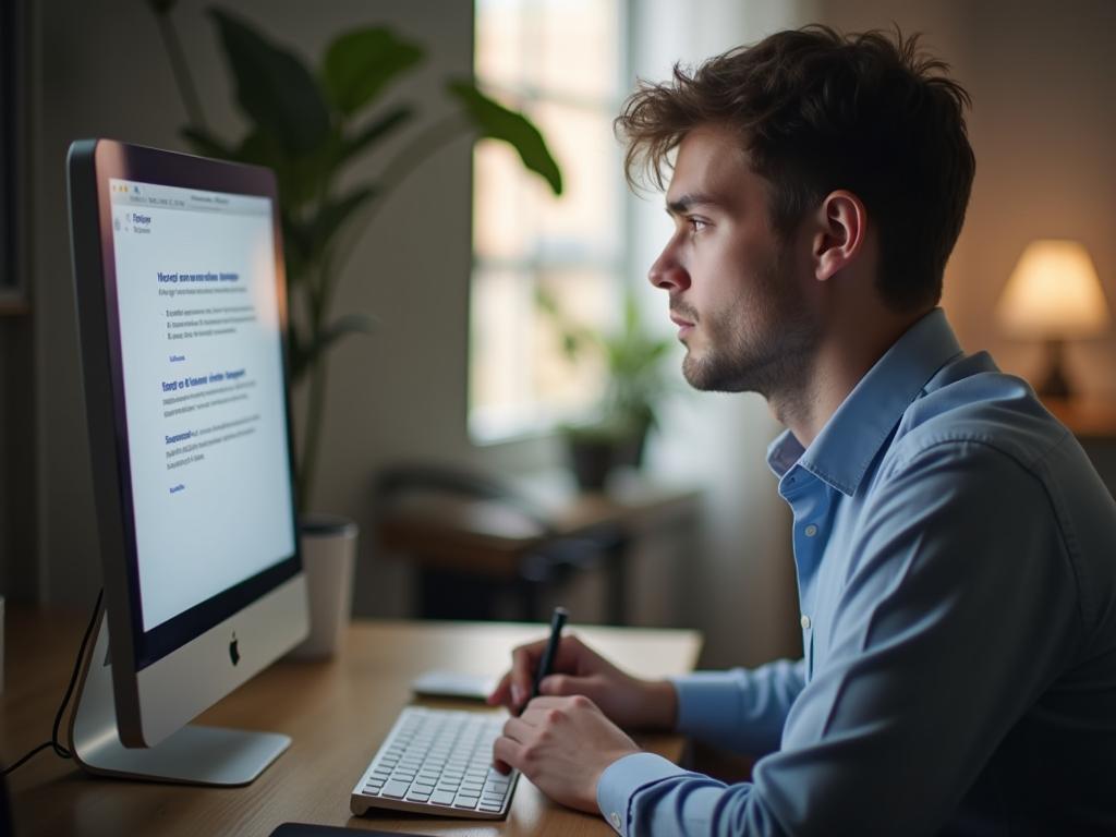 A person looking thoughtfully at a computer screen while writing about fundraising strategies.