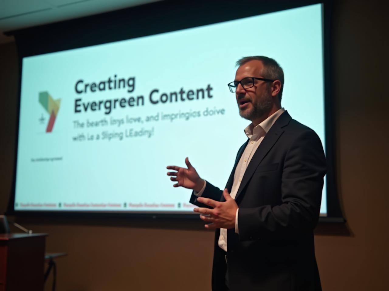 Noam Aviri giving a presentation on fundraising strategies with a slide titled Creating Evergreen Content.