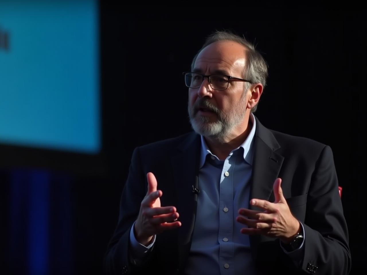 Noam Aviry speaking at a conference on raising funds. A spotlight is on him.
