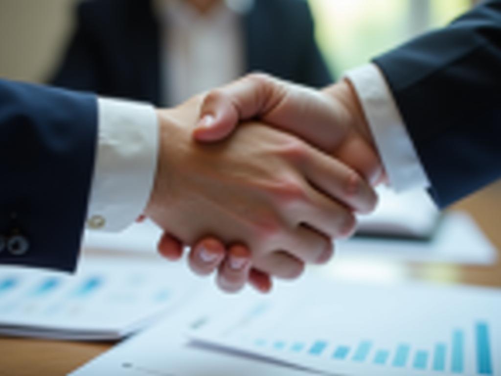 A close-up image of two hands shaking during a meeting, symbolizing a successful donation negotiation, with a subtle background of documents and graphs related to fundraising.