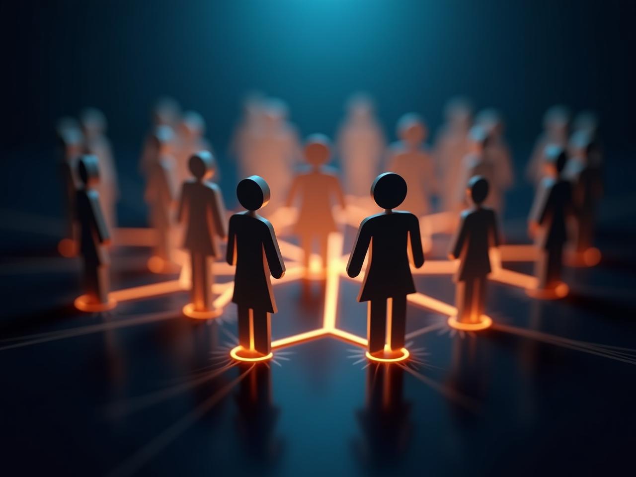 A group of diverse people connected by glowing lines representing a digital community, with hands reaching out to give and support each other.