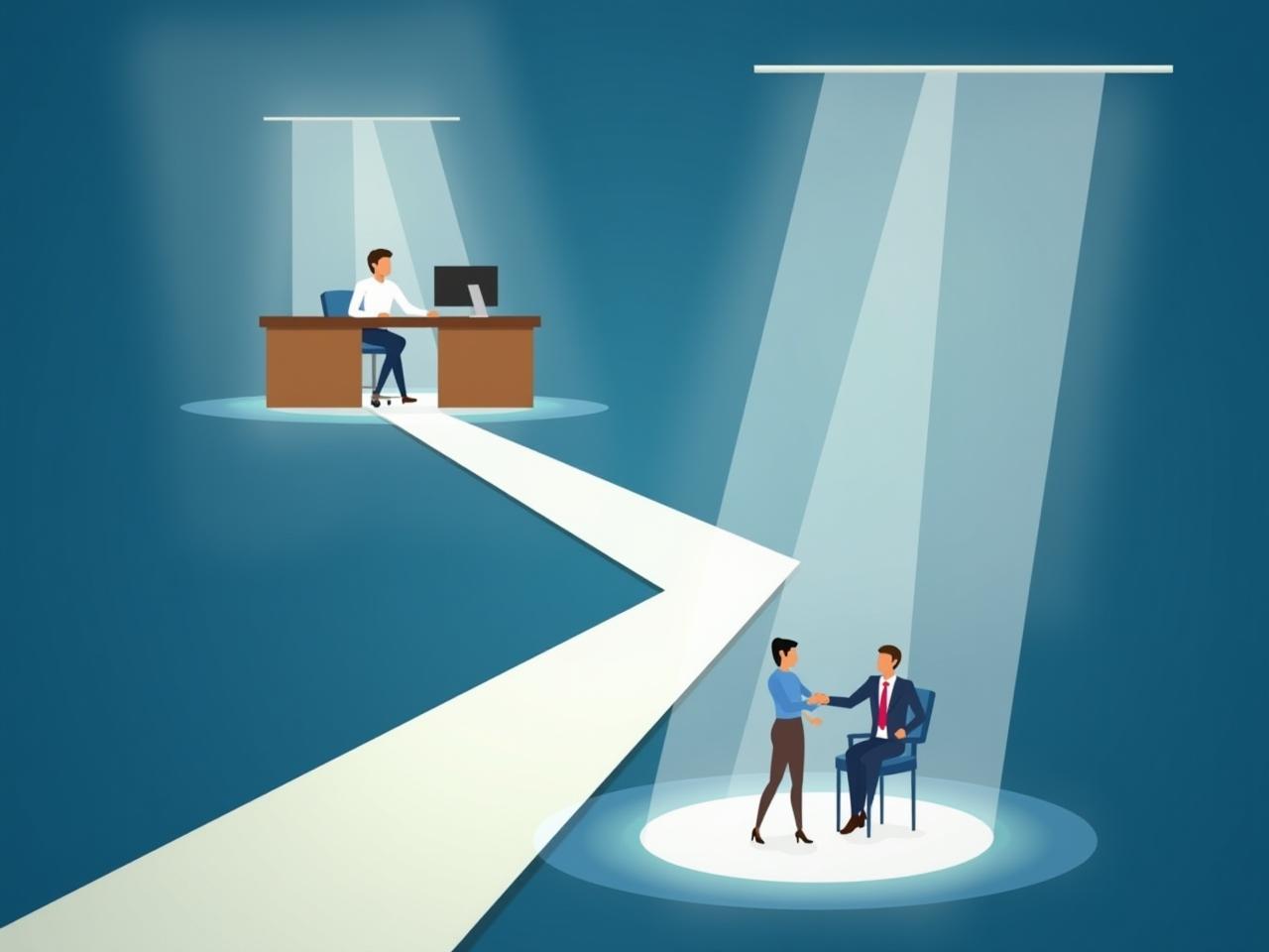 A graphic showing two parallel paths, one leading to a managers office and the other to a spotlight on a stage, symbolizing the two career paths for fundraisers.