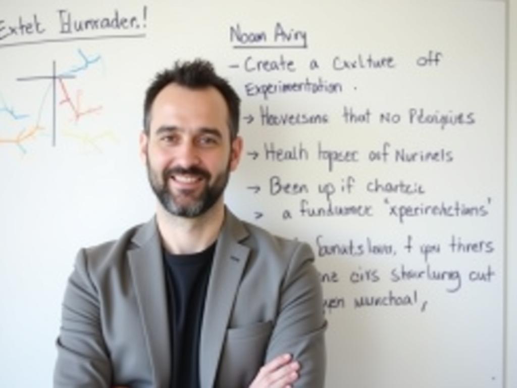 A photo of Noam Aviry, a fundraising expert, standing in front of a whiteboard with notes about creating a culture of experimentation.