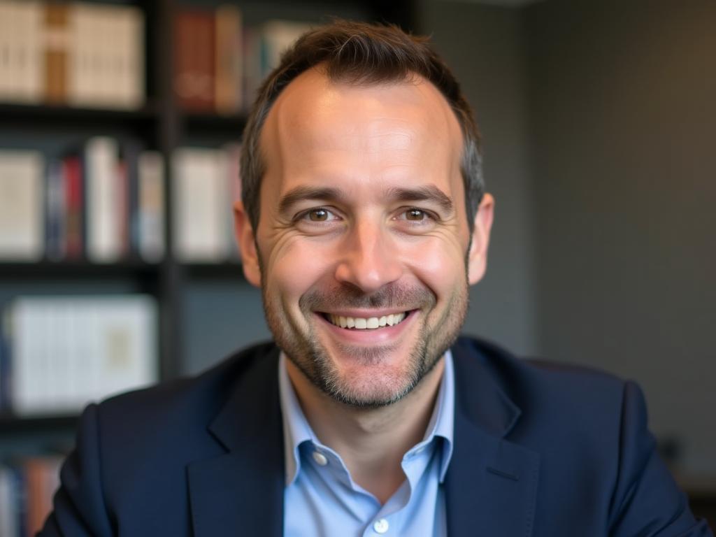 A close-up of Noam Aviry, a fundraising expert, looking directly at the camera with a warm and confident expression. He is in a modern office setting, with blurred bookshelves in the background, emphasizing his professionalism and expertise in the field of fundraising.