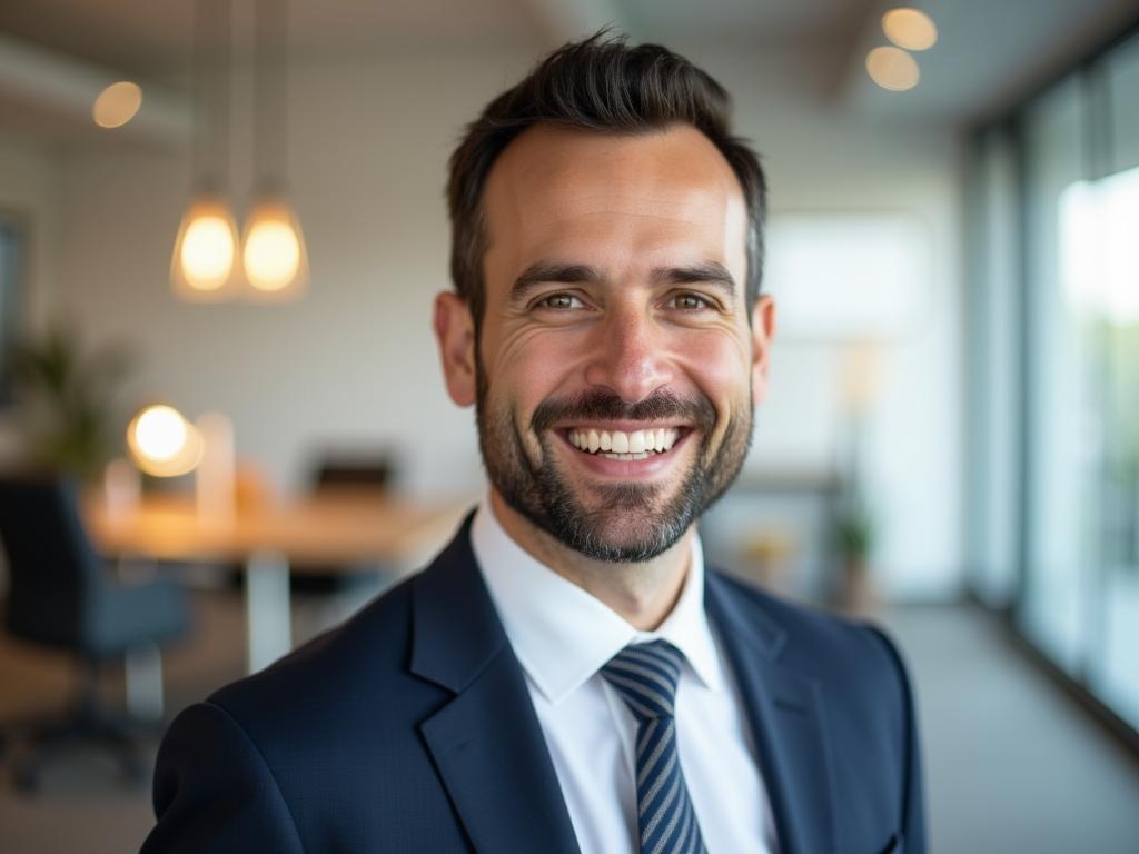Noam Aviry, fundraising expert, smiling confidently in front of a blurred background of an office.