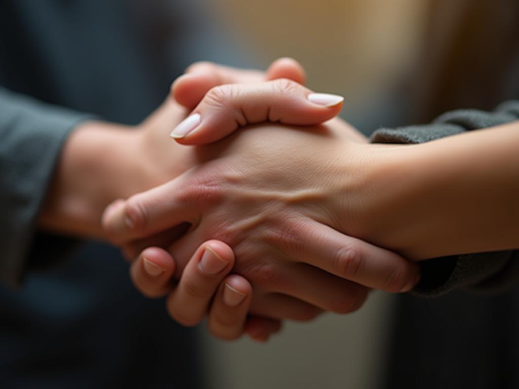 A close-up of hands clasped together, symbolizing connection and empathy, with a blurred background of a fundraising event.