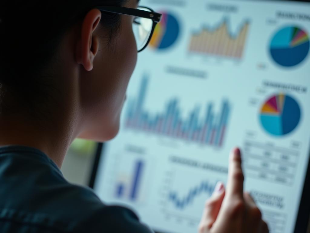 A close-up shot of a person analyzing data charts and graphs, with a thoughtful expression on their face. The charts show various metrics related to fundraising, such as donor engagement, satisfaction, and loyalty. The lighting is soft and focused, highlighting the persons concentration and the importance of data analysis in fundraising.