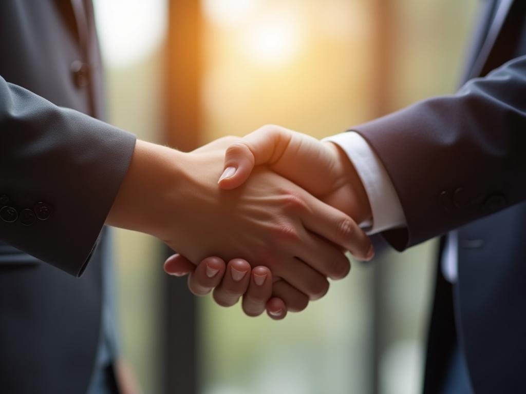 Two people shaking hands, symbolizing a successful partnership, with a blurred background of a fundraising event.