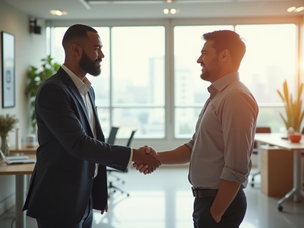 A professional fundraiser confidently shaking hands with a potential donor in a bright, modern office, symbolizing trust and connection.