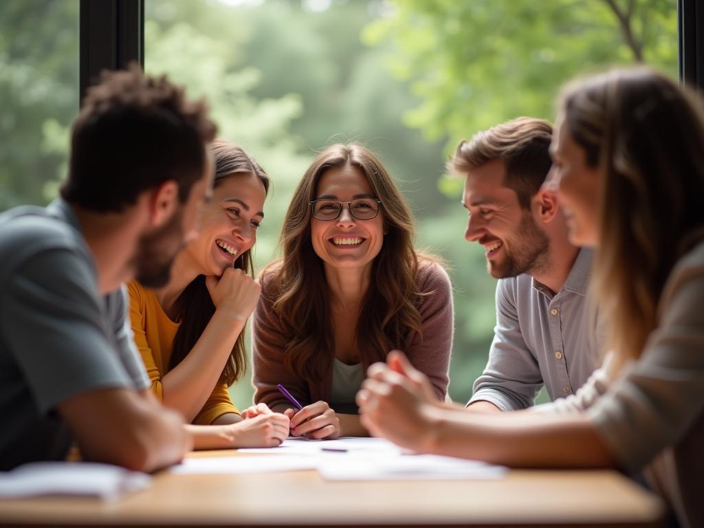 A group of people smiling and collaborating around a table, symbolizing a community of supporters.