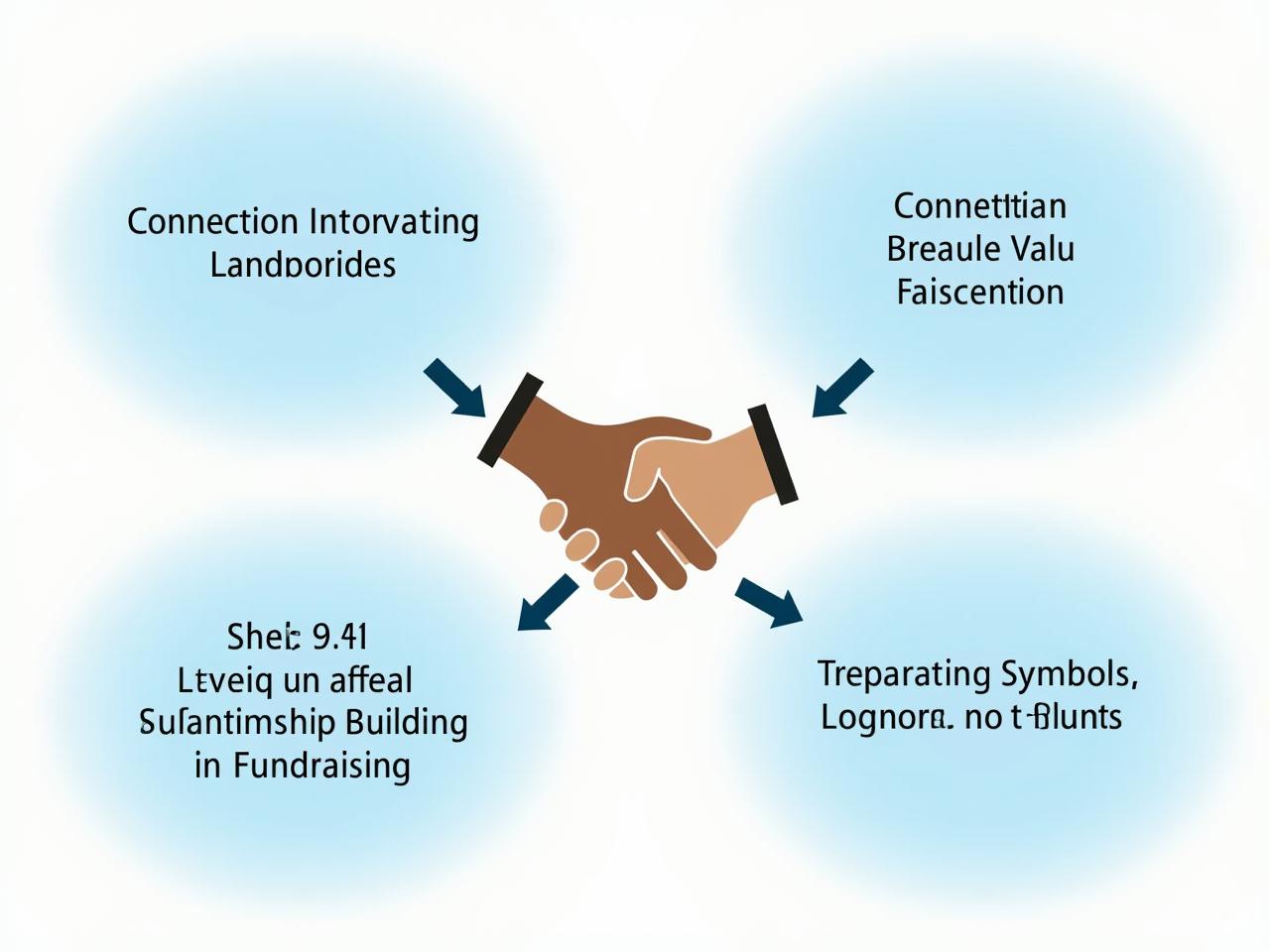 A visual representation of a four-step process involving connection, preparation, value presentation, and relationship building in fundraising, with a person shaking hands in the center.