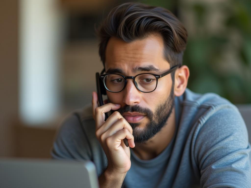 A person thoughtfully looking at a phone, representing communication with donors during a break in contributions.