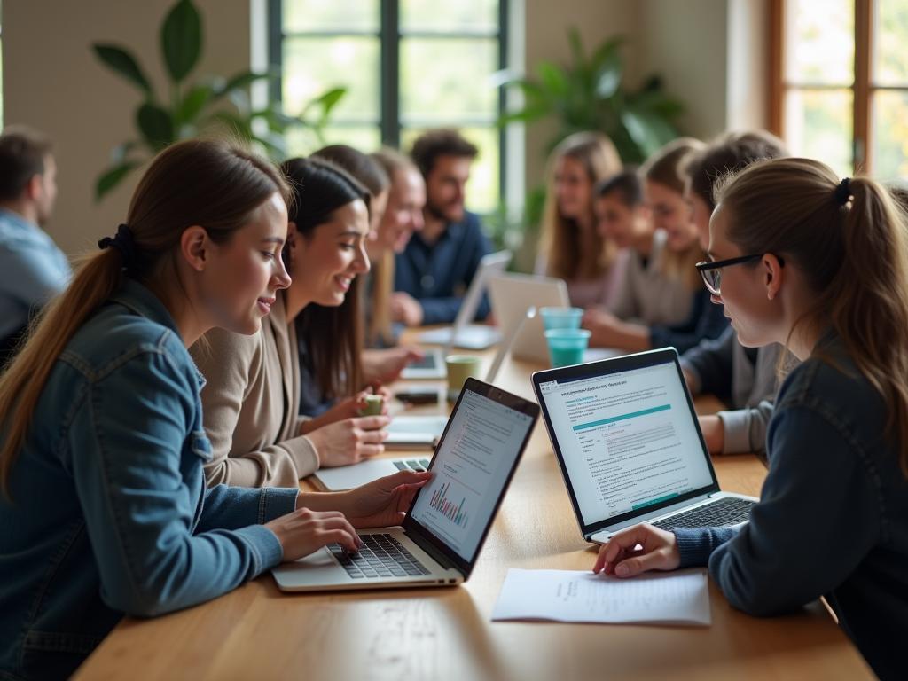 A fundraising team working together on laptops and analyzing data, with a focus on scalability and efficiency.