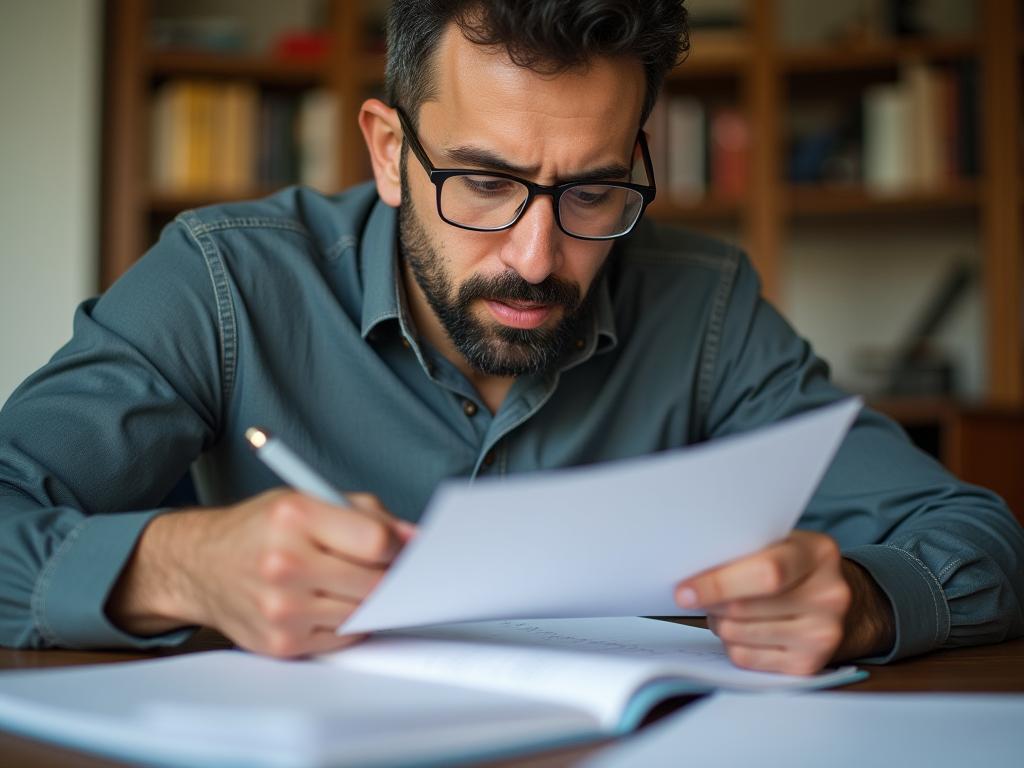 A close-up image of Noam Aviri, a fundraising expert, analyzing notes from a meeting. The focus is on his focused expression and the details of the notes, representing the AAR process.