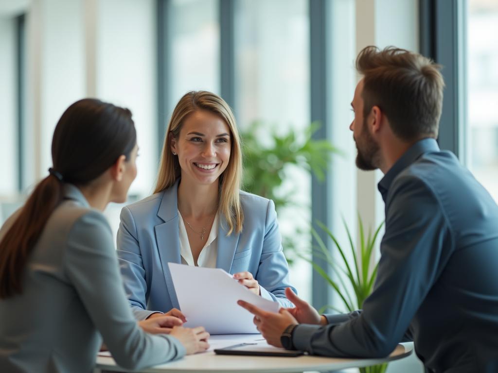 A manager having an empowering performance review discussion with an employee in a bright and modern office.
