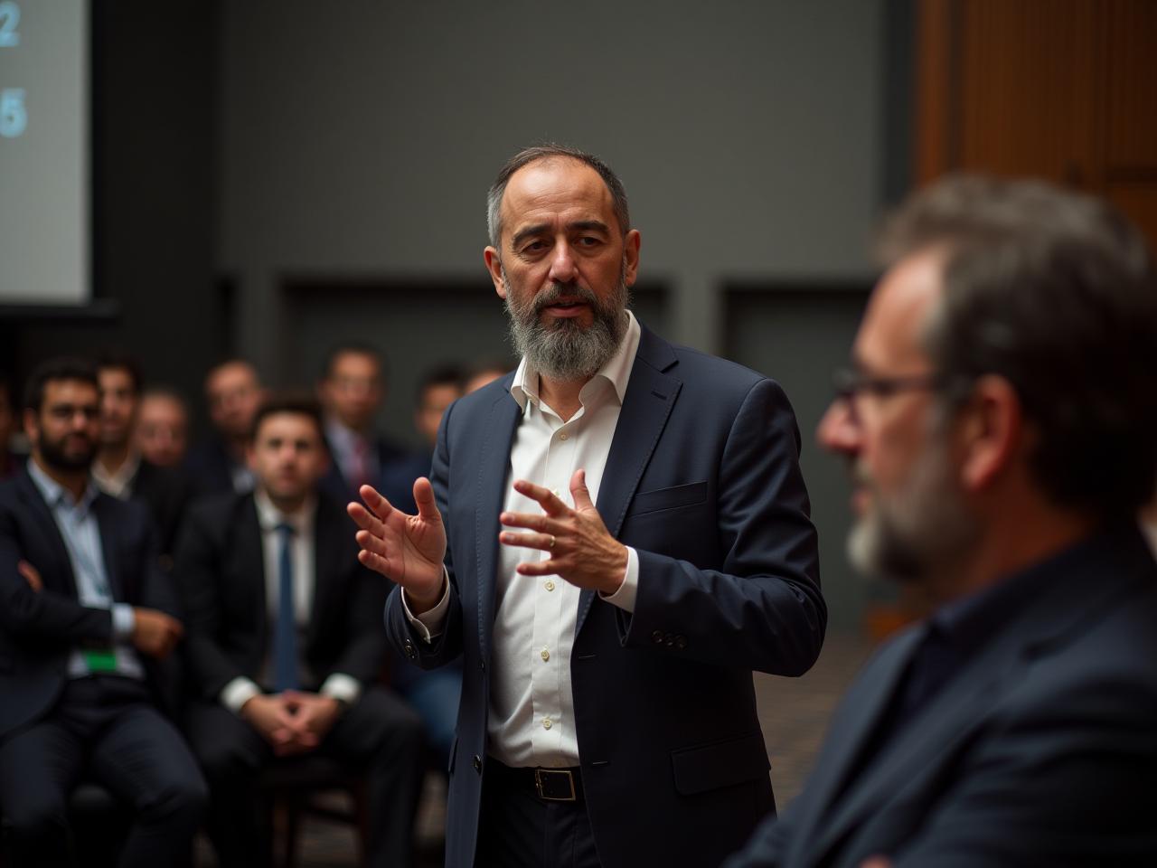 Noam Aviry speaking at a conference about fundraising.
