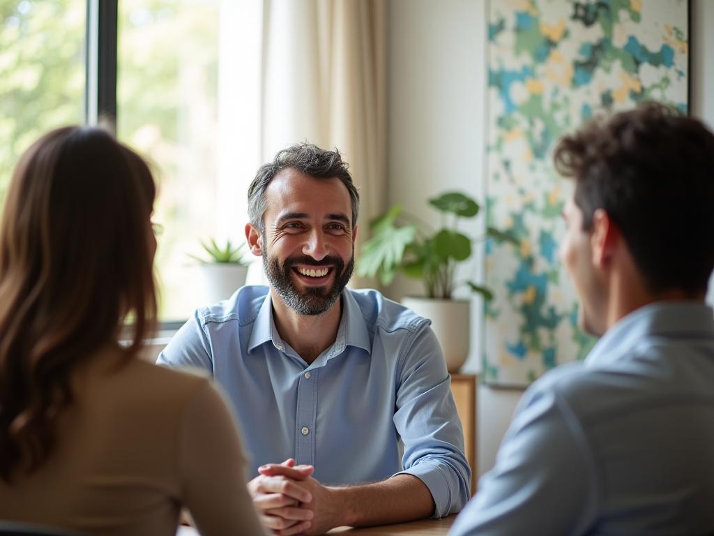 A photograph of Noam Aviri, smiling warmly, engaging in a conversation with a potential donor. The setting is a bright and comfortable office. Focus is on the genuine connection between them.