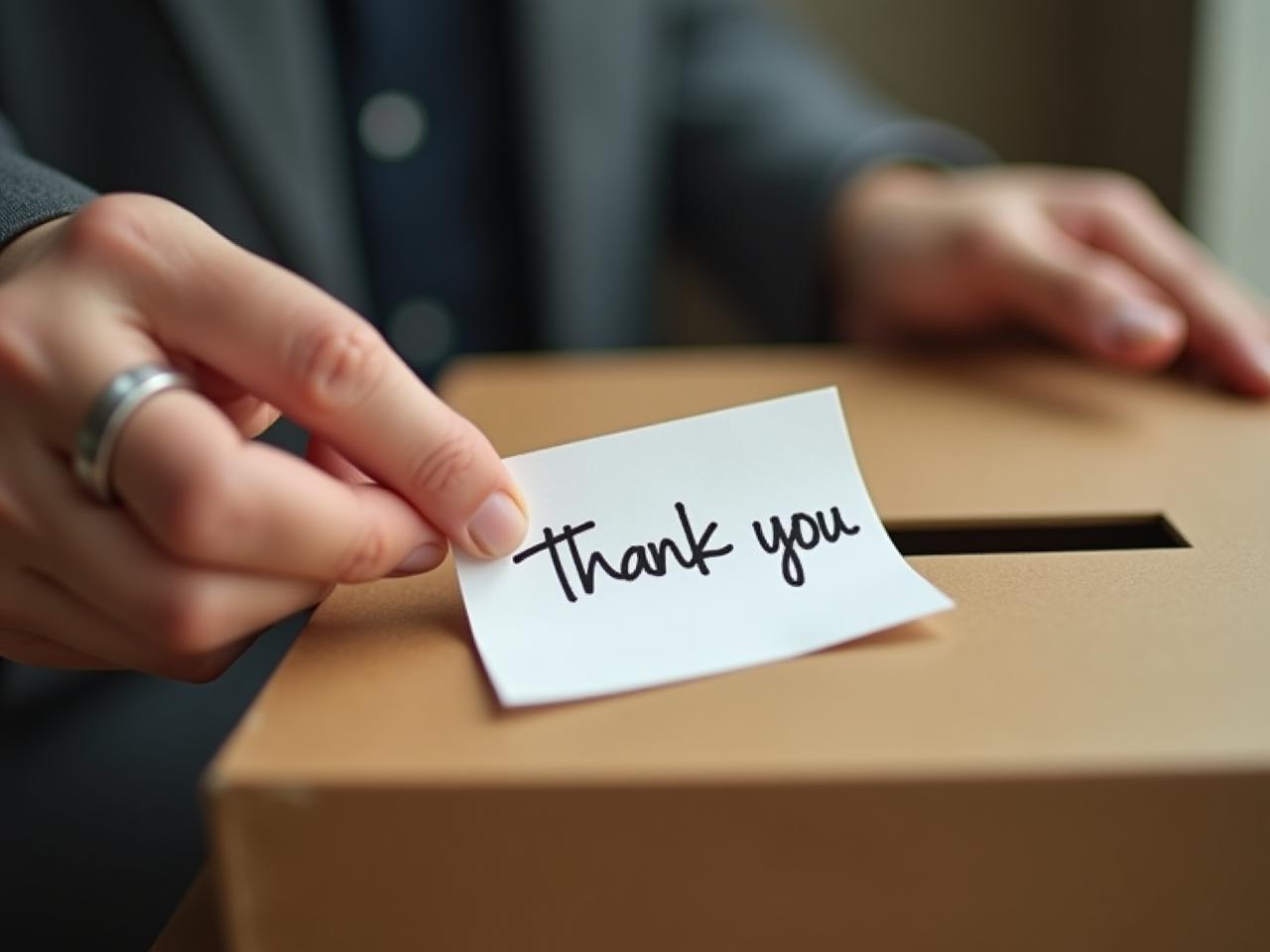 A close-up shot of a hand gently placing a small, personalized thank-you note next to a donation box, symbolizing authentic appreciation in fundraising.