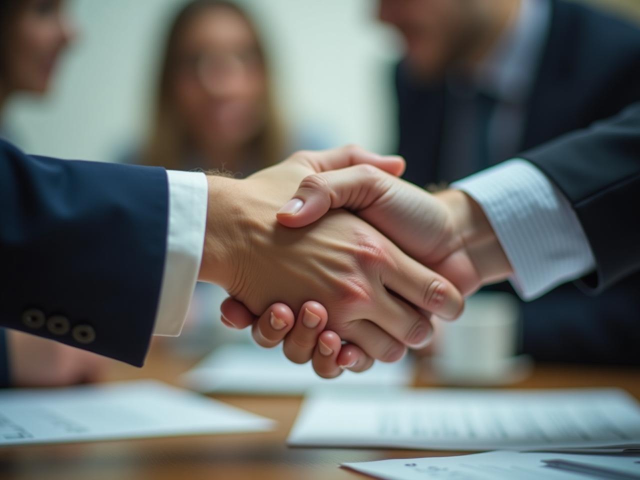 A person shaking hands with another in a meeting, symbolizing authentic communication and building trust.
