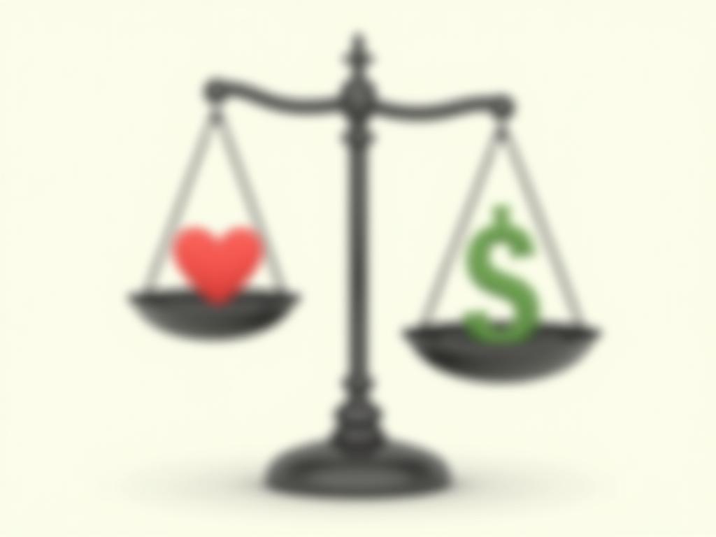 An image depicting a balance scale with a heart on one side and a dollar sign on the other, symbolizing the balance between altruism and financial gain in fundraising.